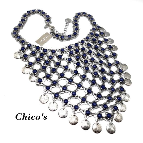 Chico's Blue Cabochon Bib Necklace, New With Tags, Silver Tone, 24" - Picture 1 of 12